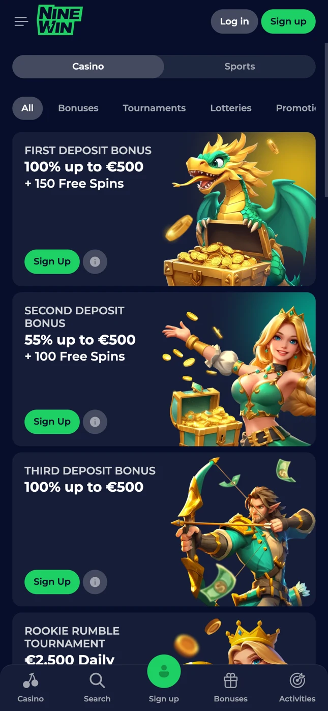 NineWin promotions page on a phone