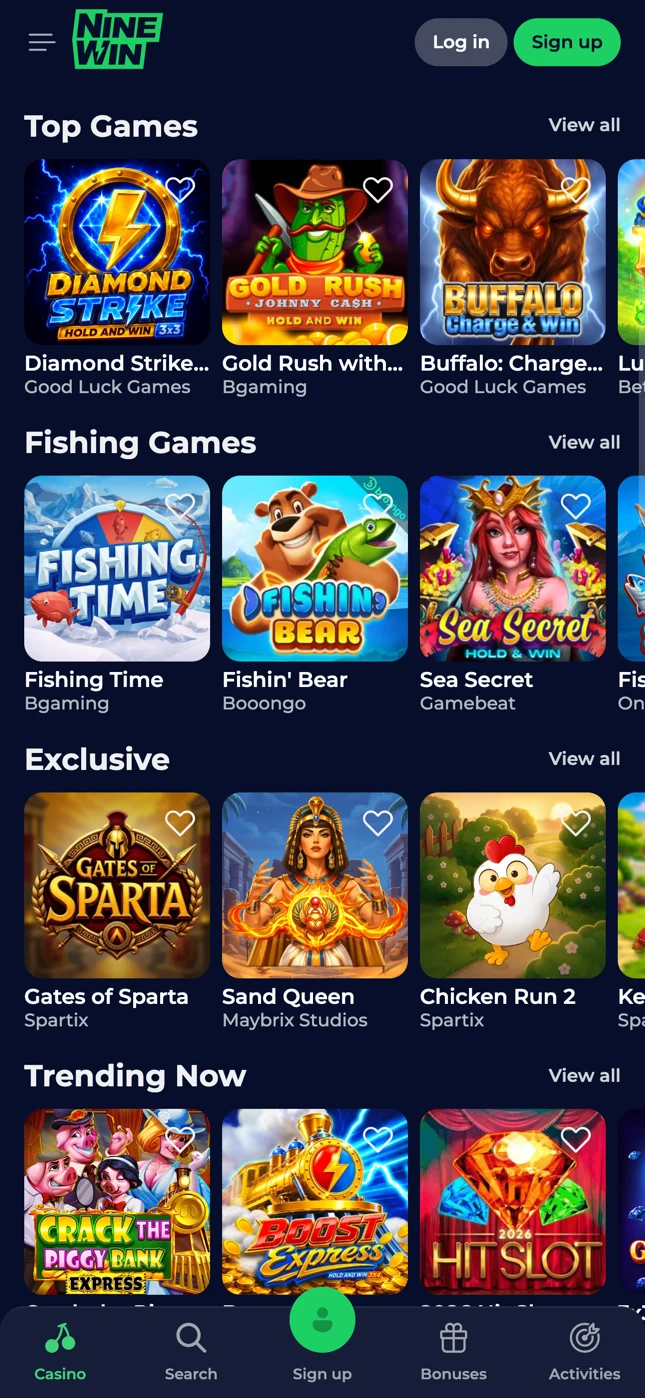NineWin slot games on a phone