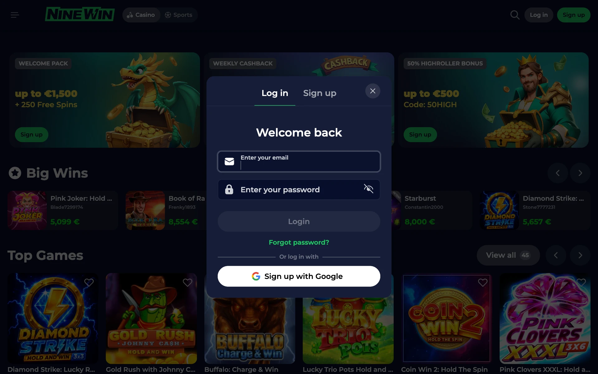 NineWin login form over the casino lobby